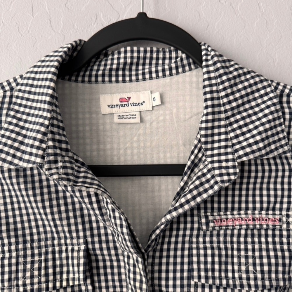 Vineyard Vines Gingham Shirt Dress Belted Roll Tab Sleeve Casual Blue White 0 - Picture 5 of 8